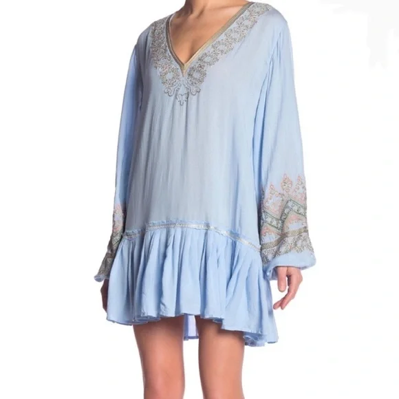 Free People Wild One Blue Embroidered Dress Small